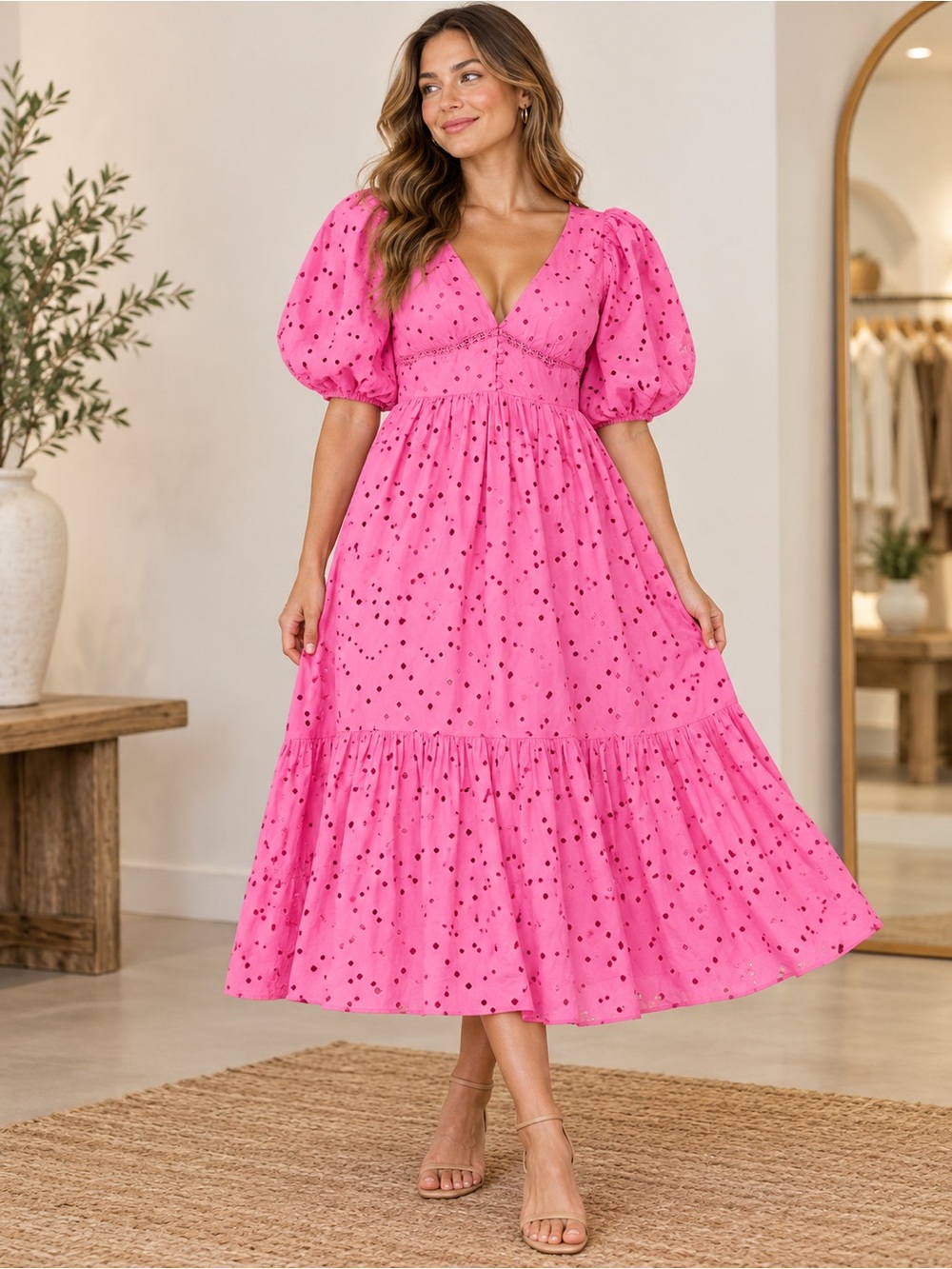 Zara Pink Cotton Eyelet Midi Dress, Puff Sleeve V-Neck, Size XS